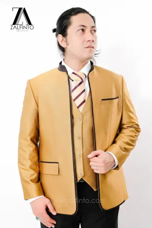 Blazer, Suit & Pants SHINY GOLD BLACK TR TAILORED FIT CUSTOMIZED MANDARIN SUIT with SUIT VEST by ZALFINTO PREMIUM 2 123_1