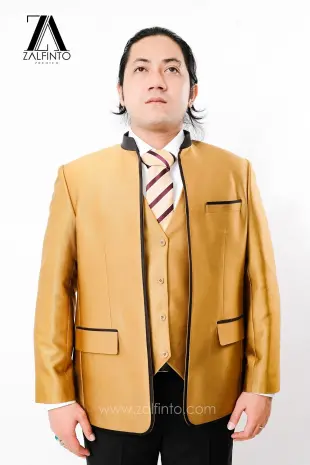 Blazer, Suit & Pants SHINY GOLD BLACK TR TAILORED FIT CUSTOMIZED MANDARIN SUIT with SUIT VEST by ZALFINTO PREMIUM 1 124_1